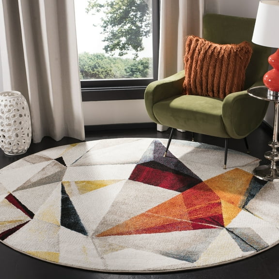 SAFAVIEH Porcello Karenza Abstract Prism Area Rug, Light Grey/Orange, 6'7" x 6'7" Round