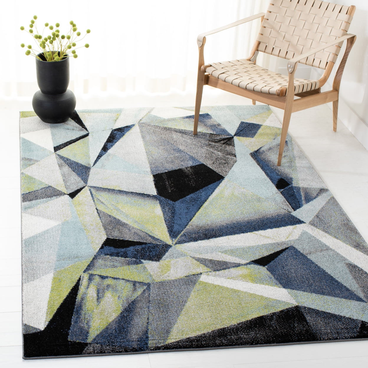 Grey and Blue Floral Round Synthetic Area Rug