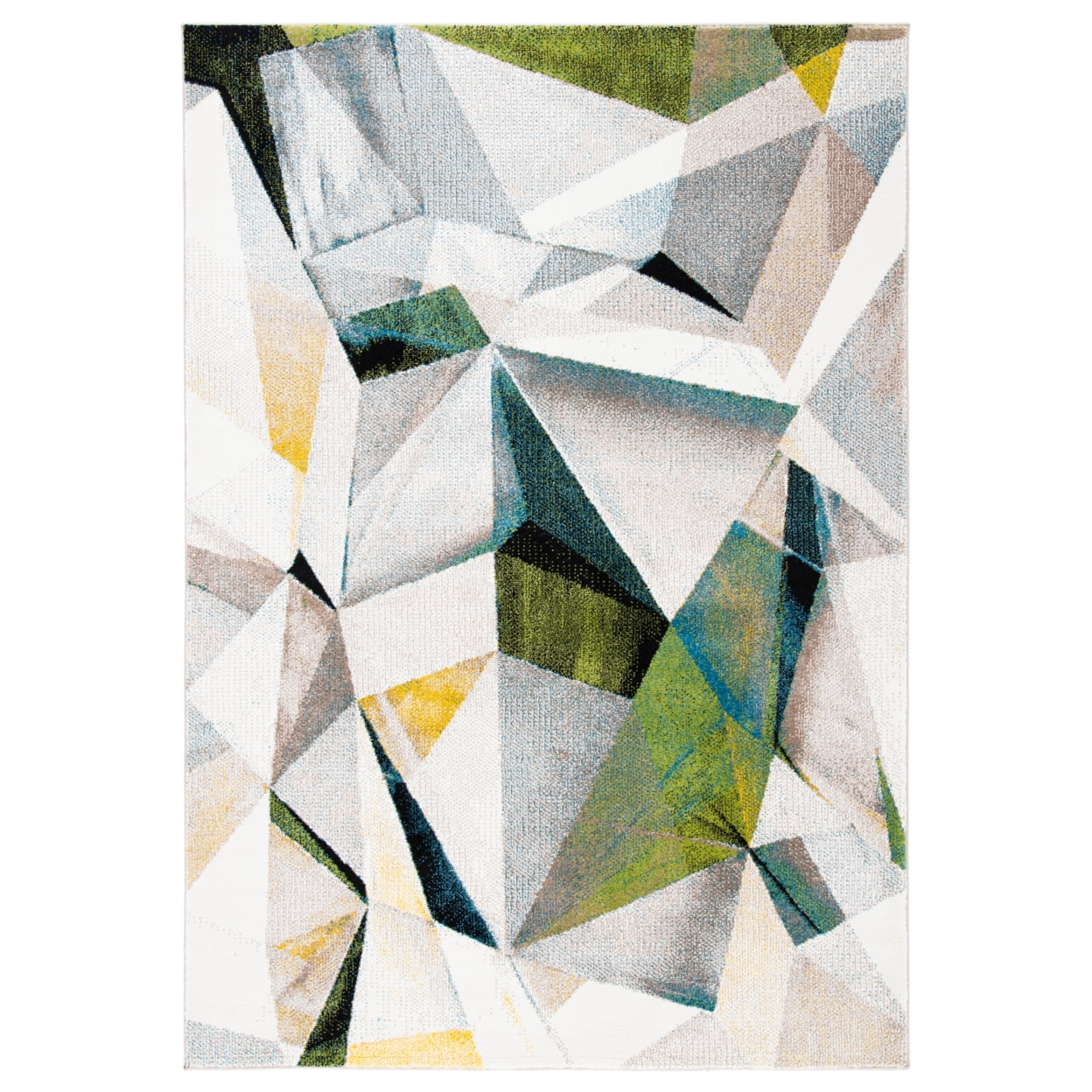 Ivory and Green Geometric Floral Hand-knotted Rug