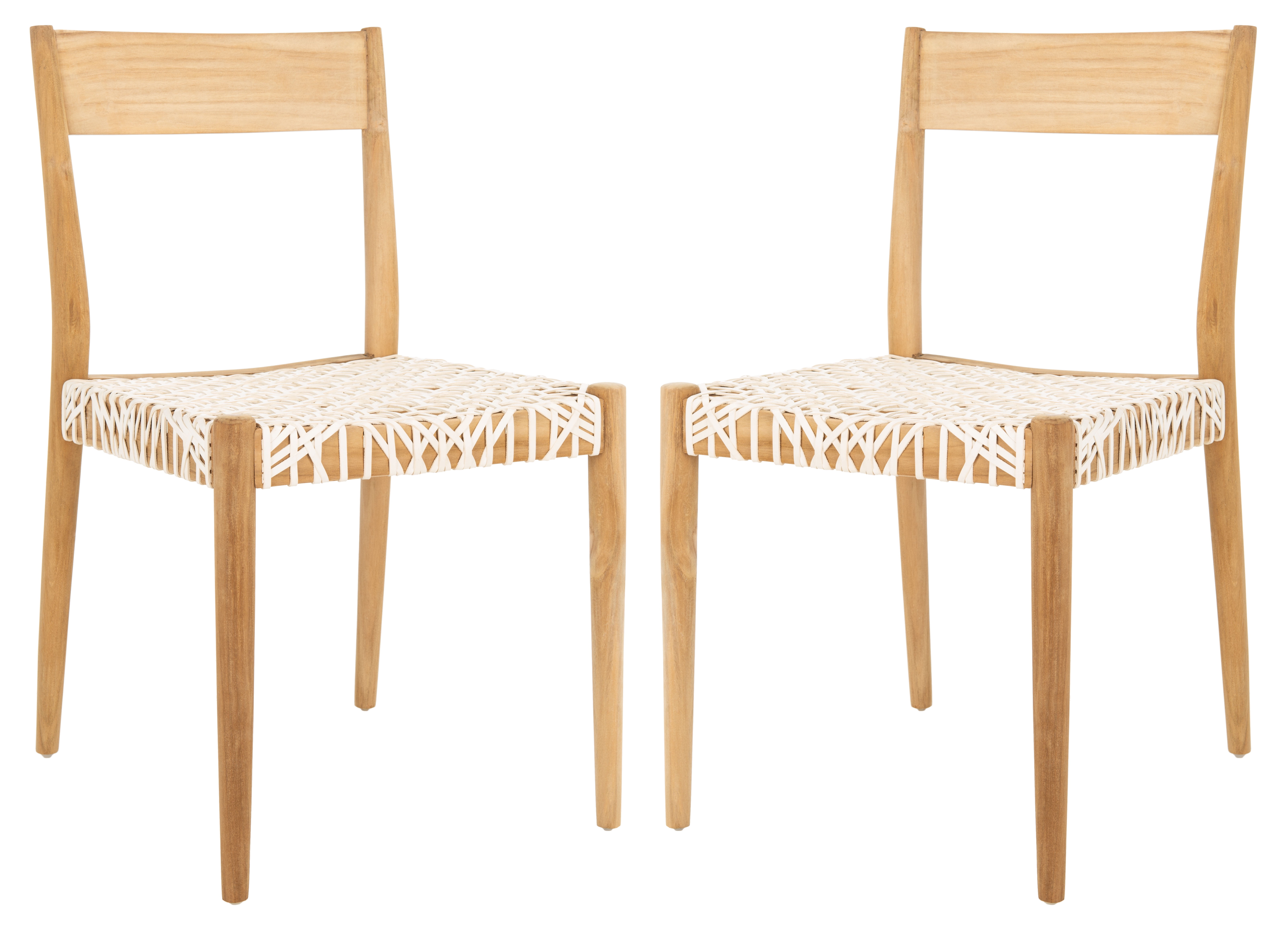 Set of 2 White Woven Leather and Teak Dining Chairs