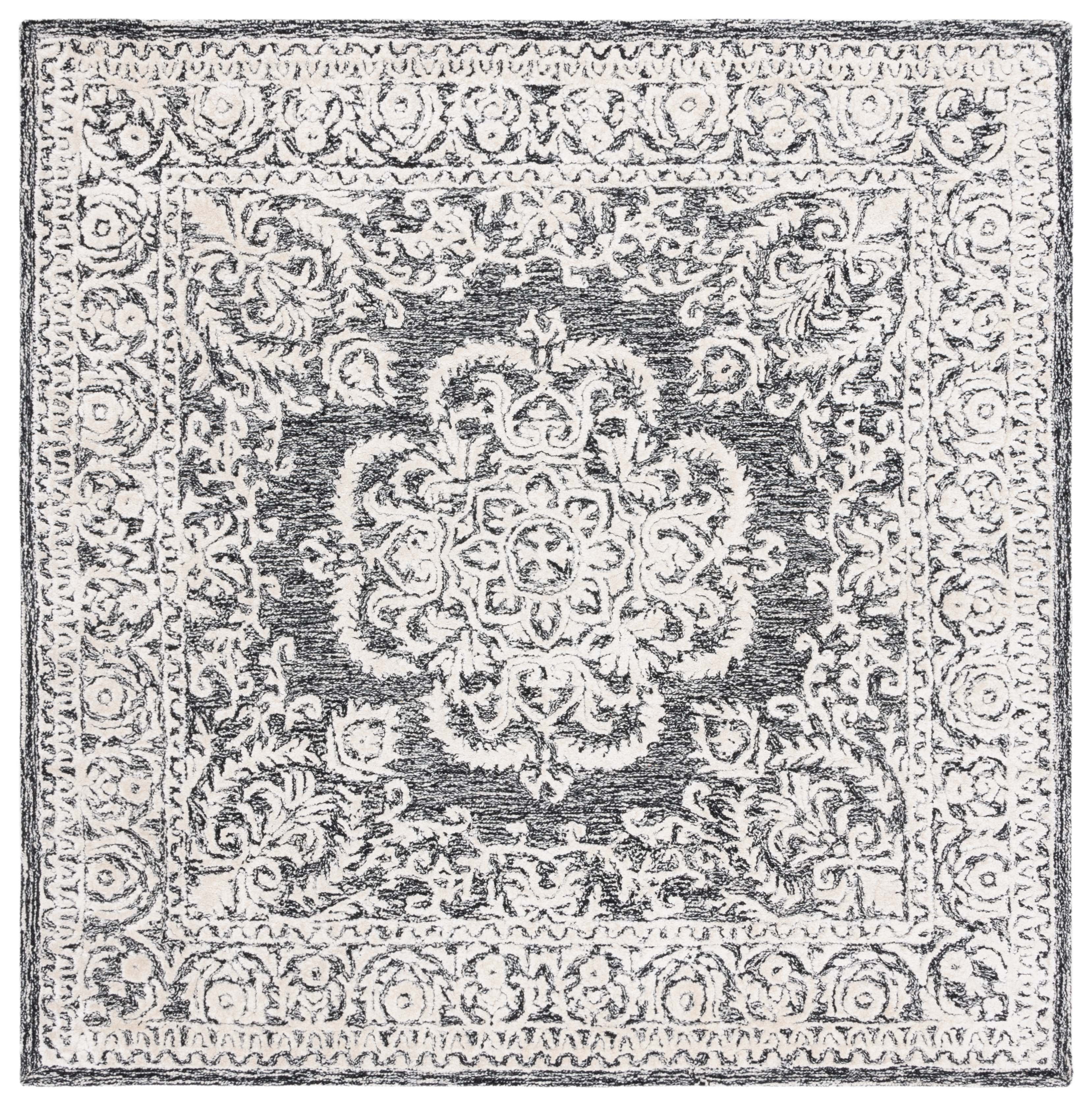 Handmade Black and Ivory Wool Tufted Square Rug