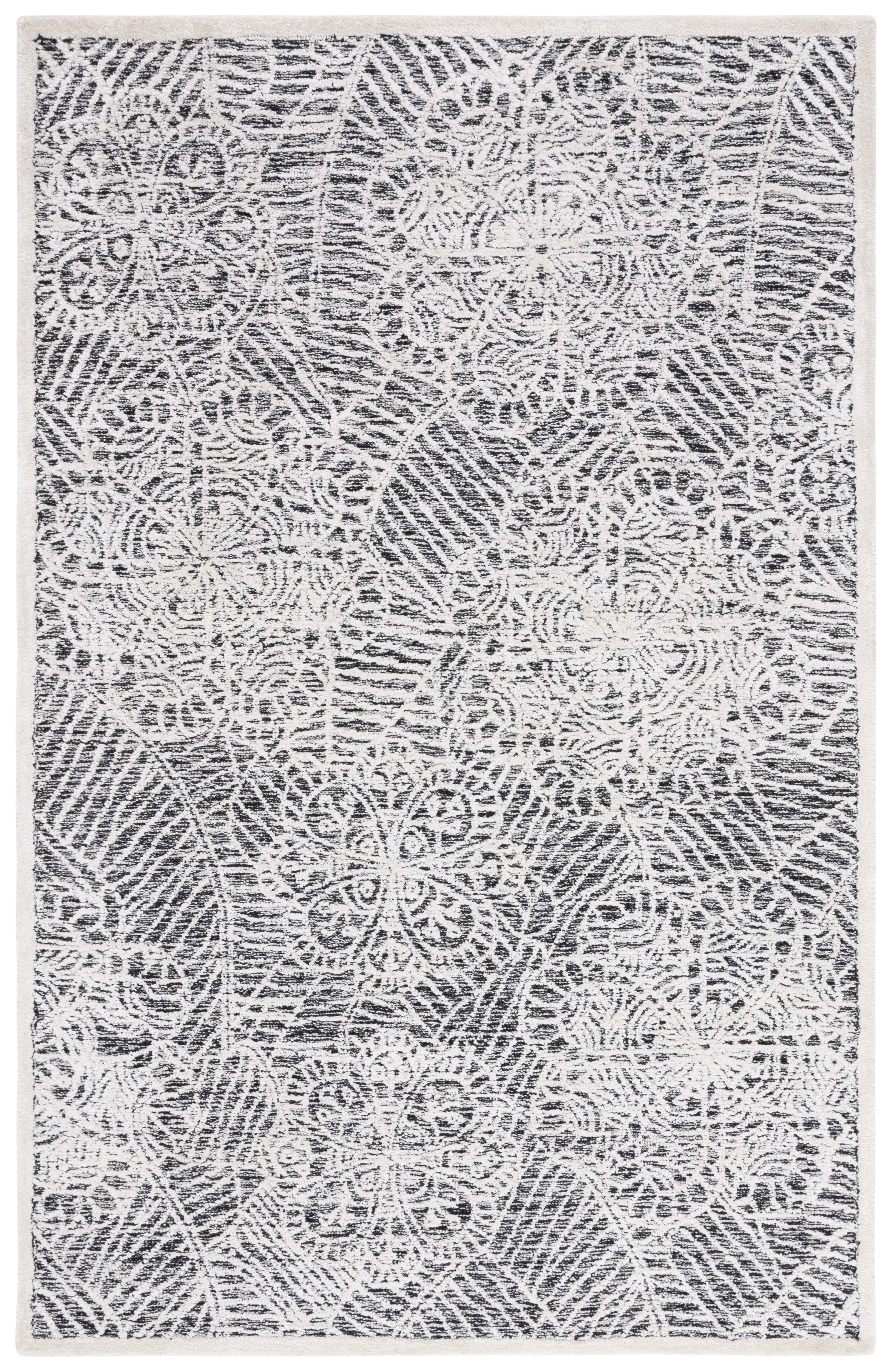 Black and Ivory Hand-Tufted Wool Floral Area Rug