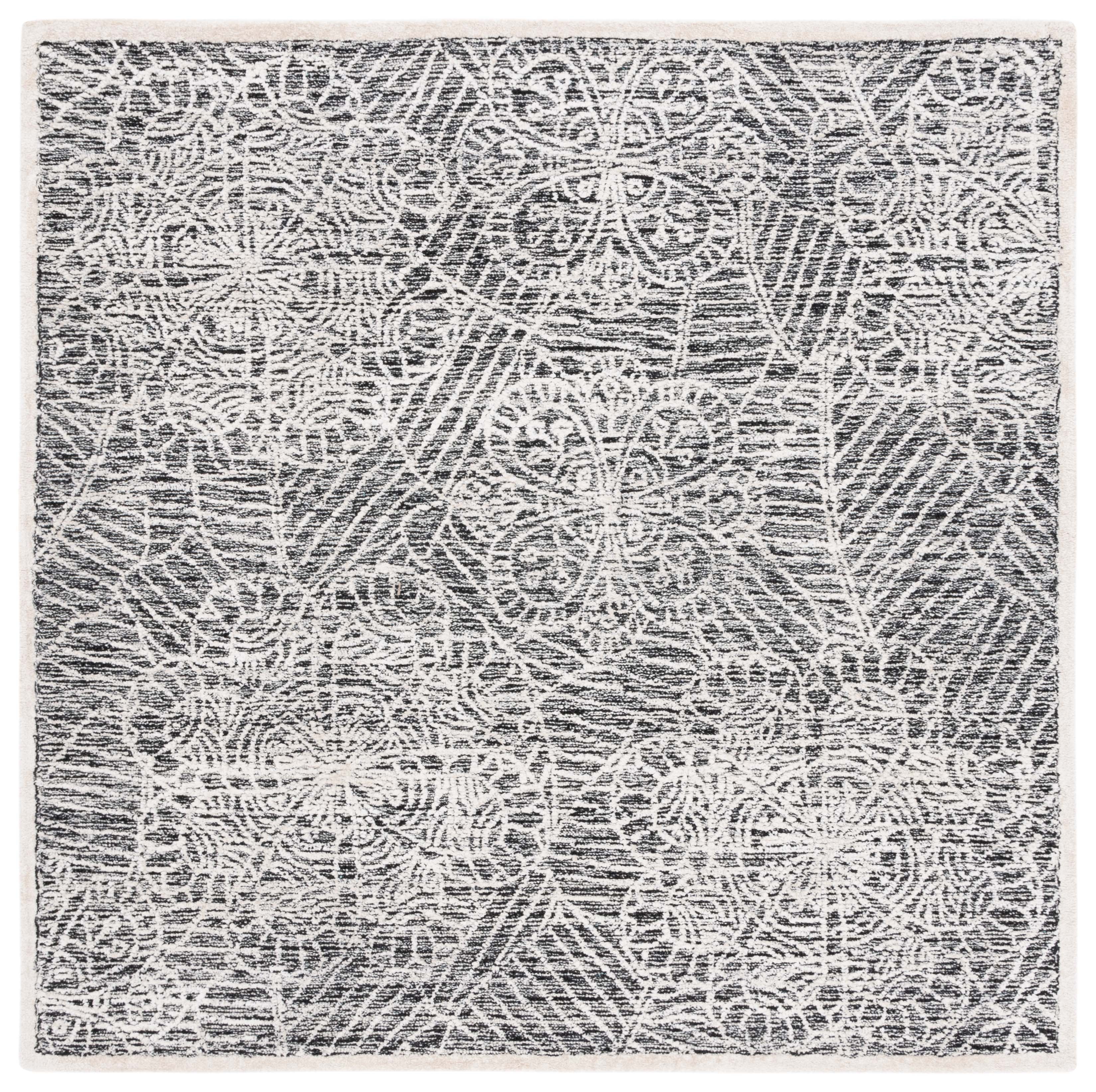 Hand-Tufted Black and Ivory Wool Square Rug