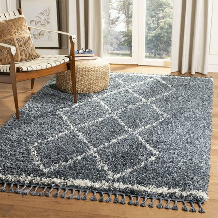 SAFAVIEH Pro Lux Akilah Aztec Fringe Shag Area Rug, Cream/Blue, 4' x 6'