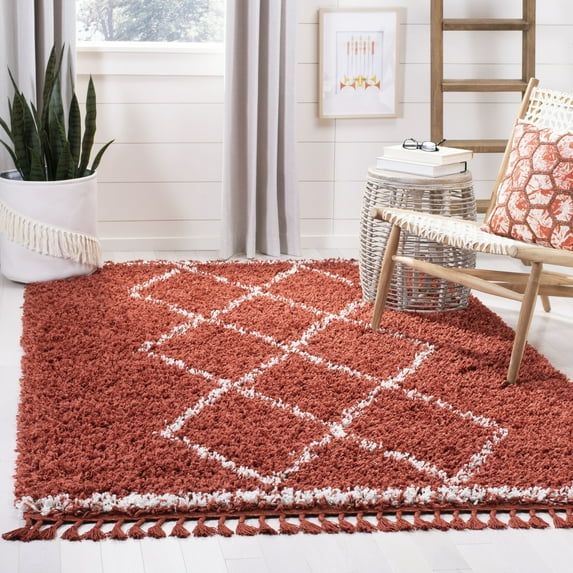 SAFAVIEH Pro Lux Akilah Aztec Fringe Shag Area Rug, Rust/Cream, 8' x 10'