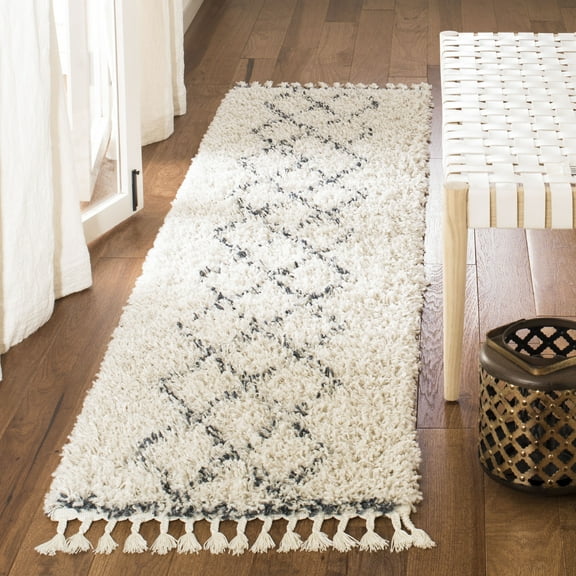 SAFAVIEH Pro Lux Akilah Aztec Fringe Shag Runner Rug, Cream/Blue, 2' x 8'
