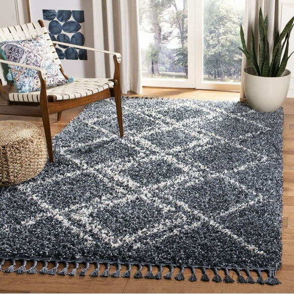 SAFAVIEH Pro Lux Emmeline Aztec Fringe Shag Area Rug, Cream/Blue, 5' x 8'