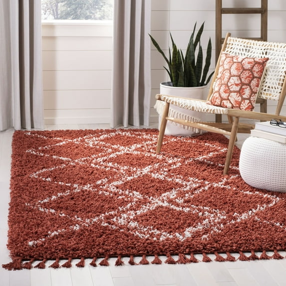 SAFAVIEH Pro Lux Emmeline Aztec Fringe Shag Area Rug, Rust/Cream, 4' x 6'