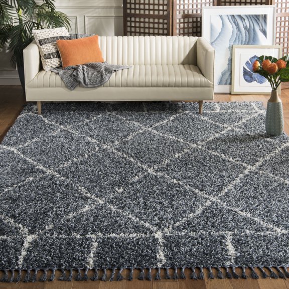 SAFAVIEH Pro Lux Ivy Geometric Fringe Shag Area Rug, Cream/Blue, 9' x 12'
