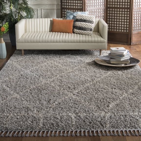 SAFAVIEH Pro Lux Ivy Geometric Fringe Shag Area Rug, Grey/Cream, 8' x 10'