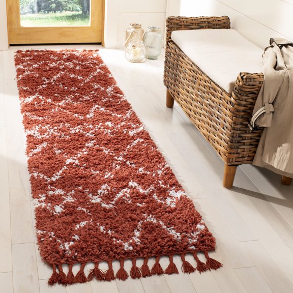 SAFAVIEH Pro Lux Marcus Aztec Fringe Shag Runner Rug, Rust/Cream, 2' x 8'