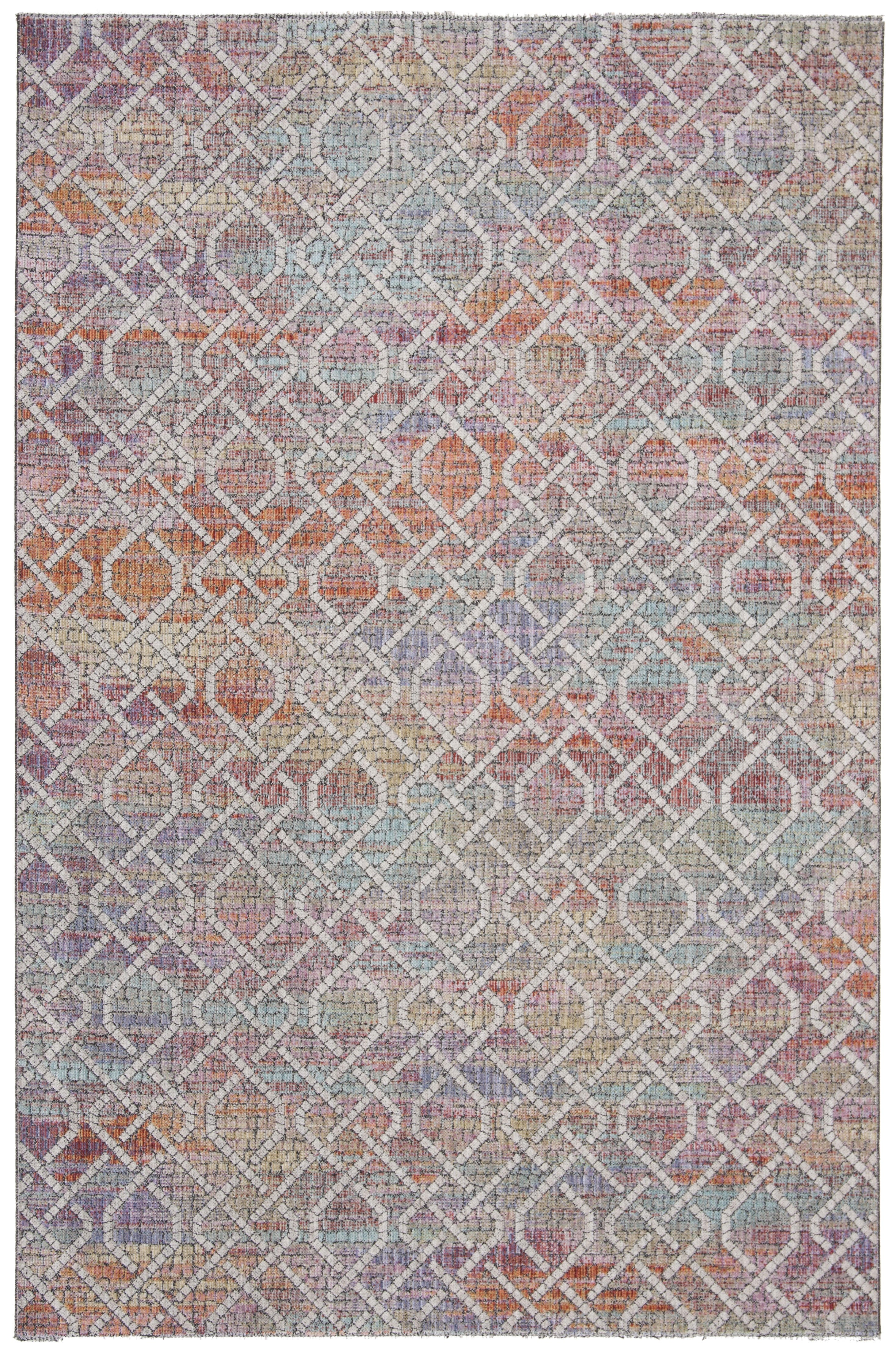 Cream and Orange Geometric Oriental Area Rug, 5'3" x 7'6"