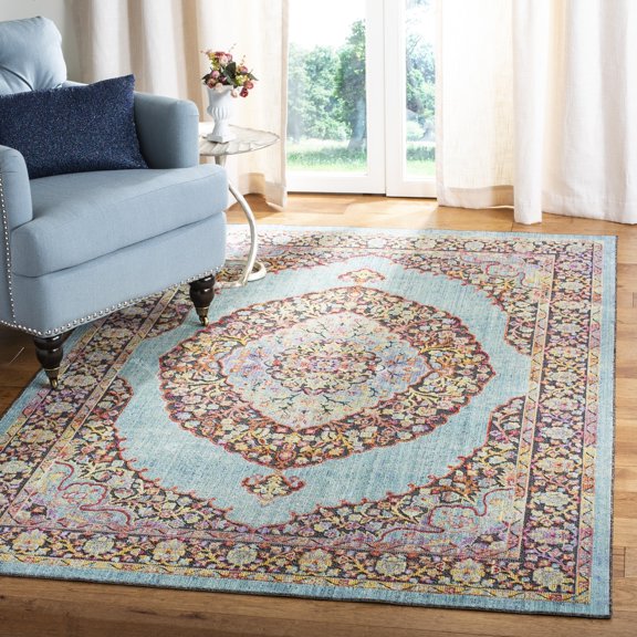 SAFAVIEH Provance Rihanna Floral Bordered Area Rug, Aqua/Black, 5'3" x 7'6"