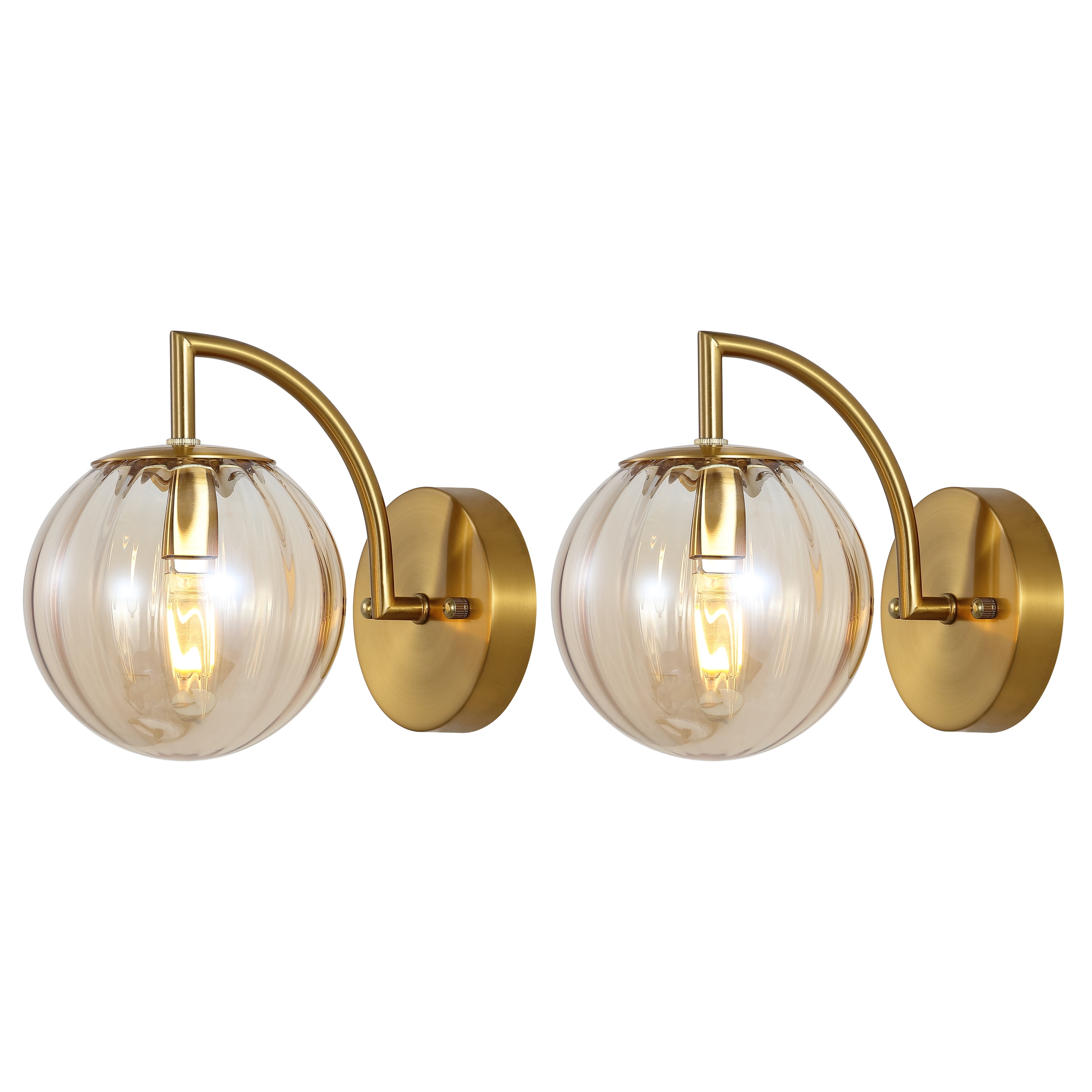 Amber Glass and Brass Direct Wired Electric Sconce Set
