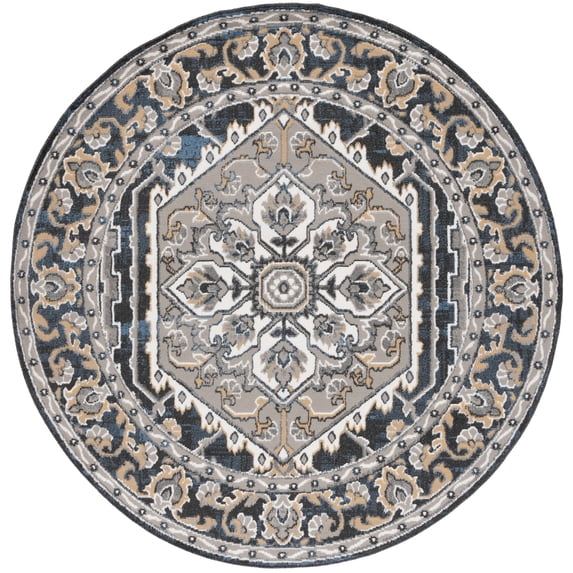 SAFAVIEH Pyramid Gladwyn Medallion Area Rug, Grey/Navy Gold, 6'7" x 6'7" Round