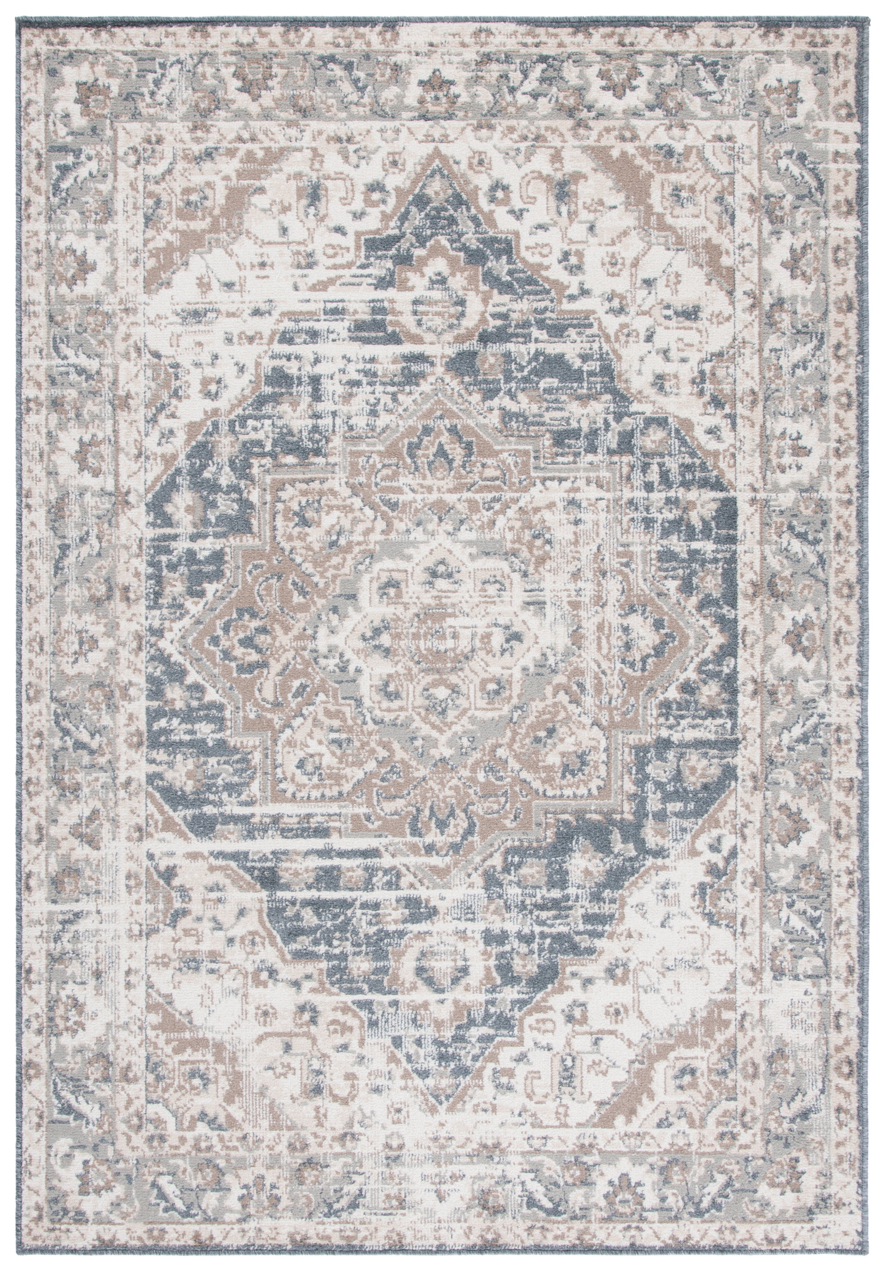 Ivory and Beige Oriental Synthetic Rectangular Area Rug, 5' x 7'
