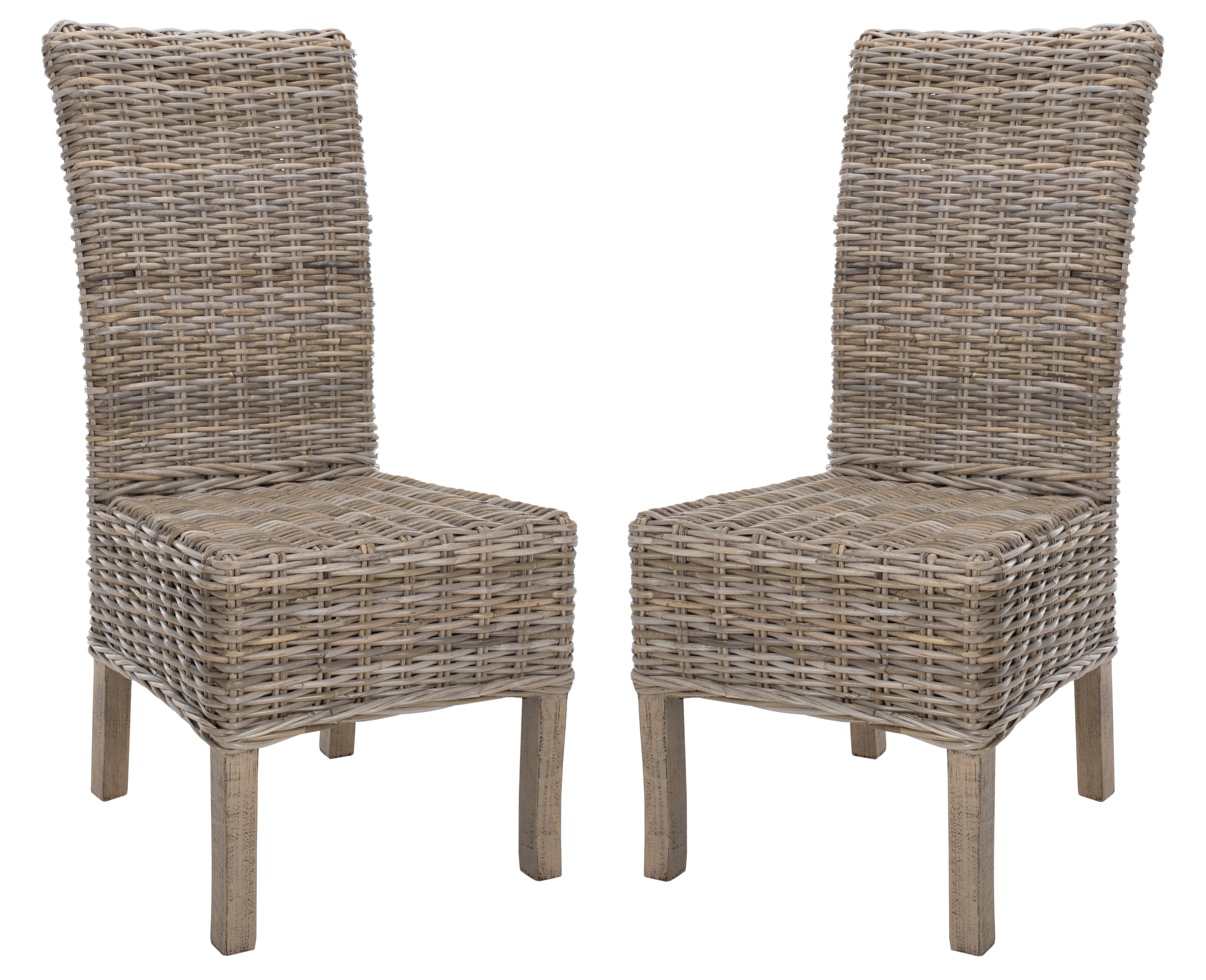 High-Back Rattan & Mango Wood Side Chair in Natural Grey (Set of 2)