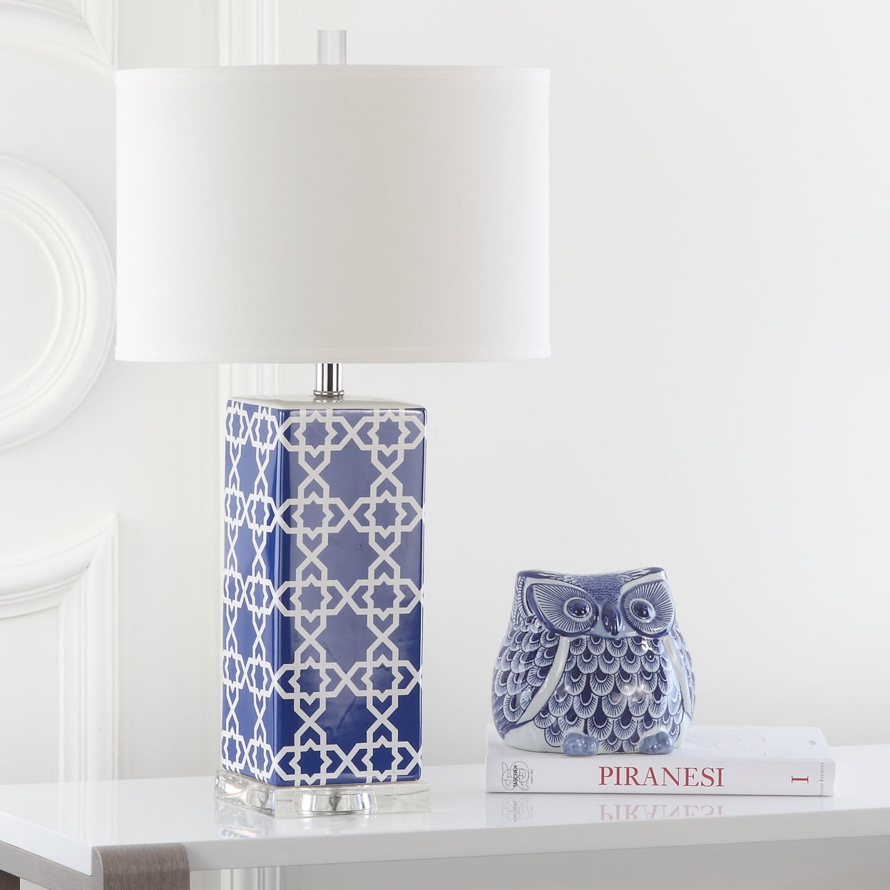Navy and White Ceramic Table Lamp Set with Cotton Shade