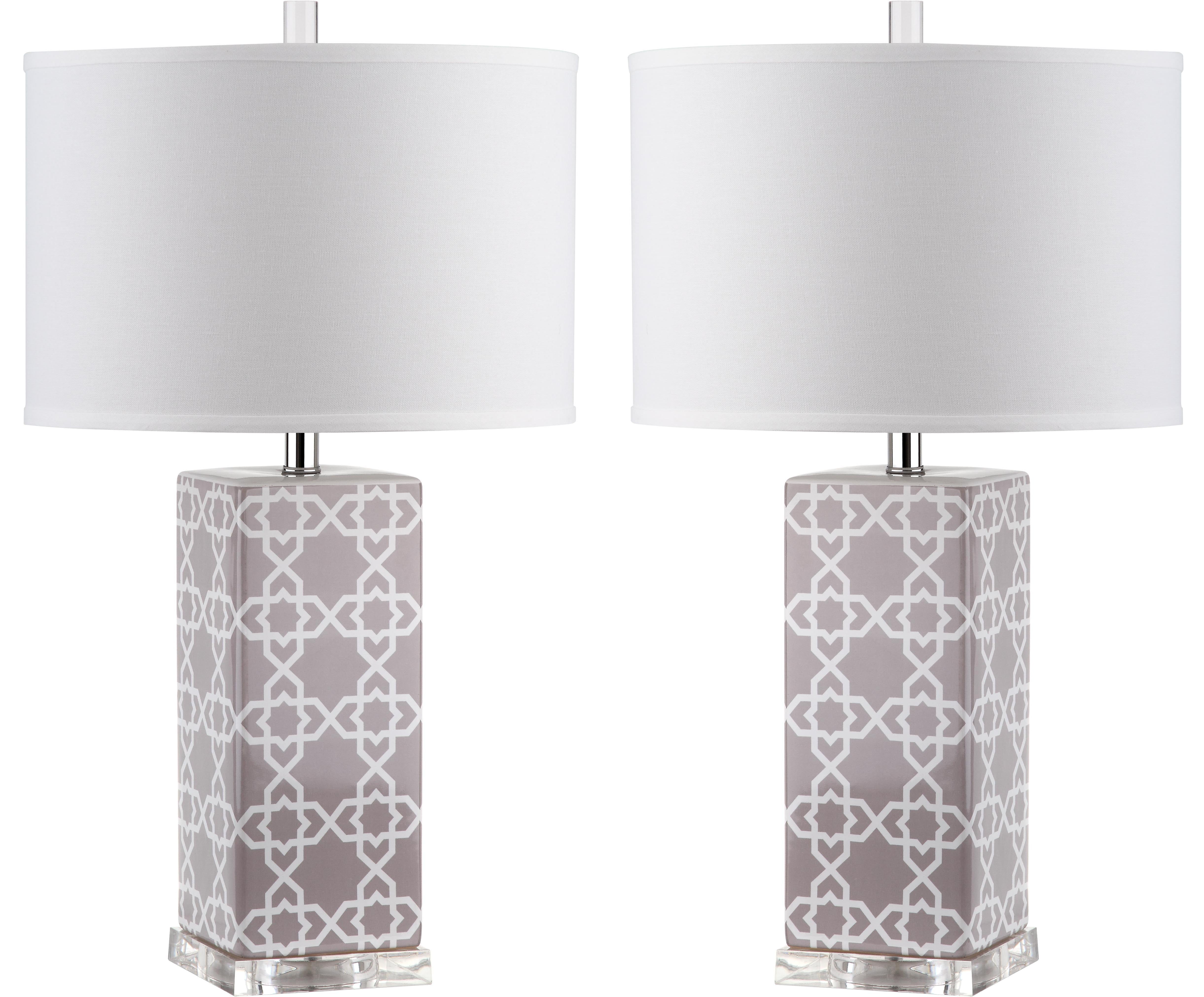 Quatrefoil Grey and White Ceramic Table Lamp Set with Cotton Shade
