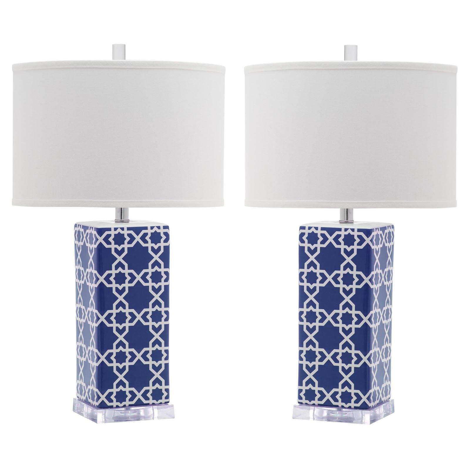 Navy and White Ceramic Table Lamp Set with Cotton Shade