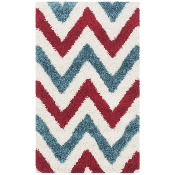 SAFAVIEH Rachel Geometric Chevron Kids Shag Area Rug, Ivory/Red, 3' x 5'