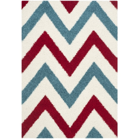 SAFAVIEH Rachel Geometric Chevron Kids Shag Area Rug, Ivory/Red, 5'3" x 7'6"