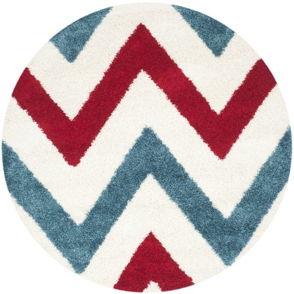 SAFAVIEH Rachel Geometric Chevron Kids Shag Area Rug, Ivory/Red, 6'7" x 6'7" Round