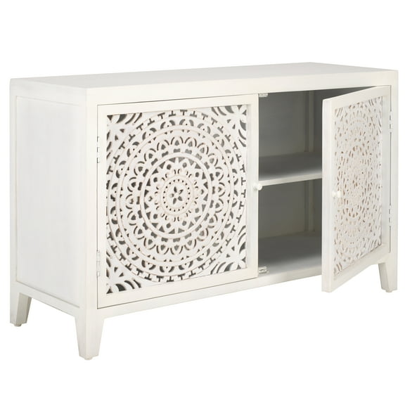 SAFAVIEH Raelie Bohemian 42 in. 2 Shelf 2 Door Media Stand, White Wash (42 in. W x 15 in. D x 26 in. H)