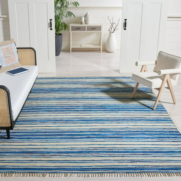 SAFAVIEH Rag Benton Striped Cotton Area Rug, Ivory/Blue, 10' x 14'