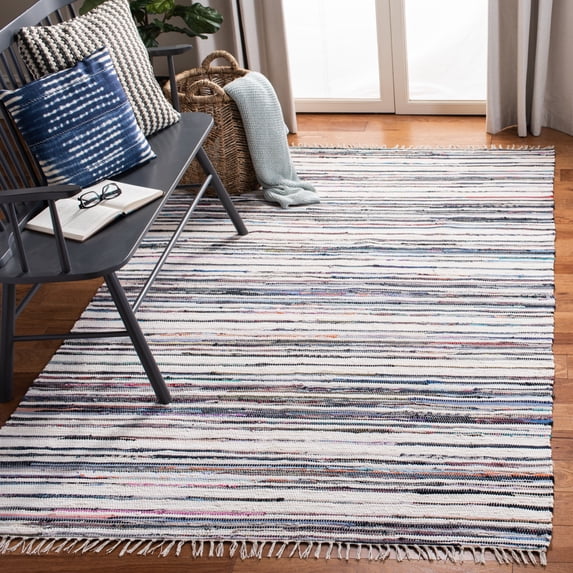 SAFAVIEH Rag Benton Striped Cotton Area Rug, Ivory/Charcoal, 8' x 10'