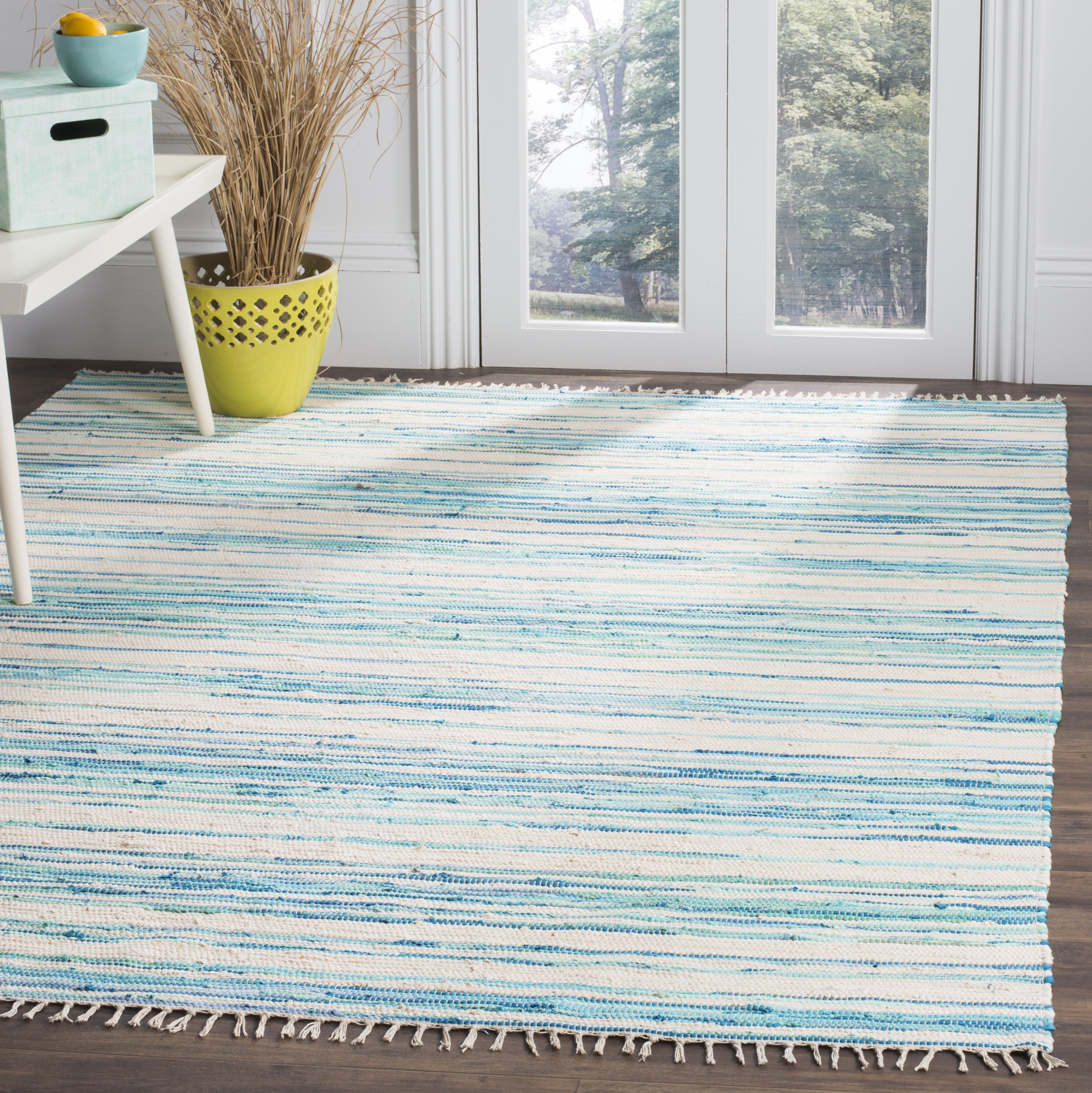 SAFAVIEH Rag Benton Striped Cotton Area Rug, Ivory/Green, 10' x 14