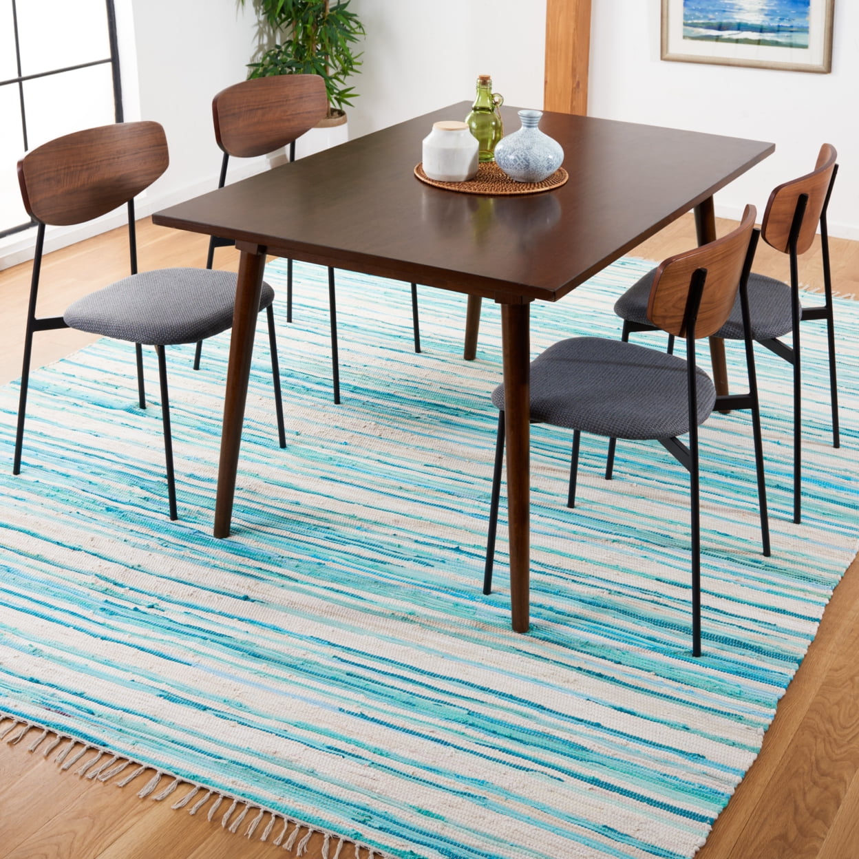 Hand-Woven Ivory & Green Striped Cotton Rug - 3' x 5'