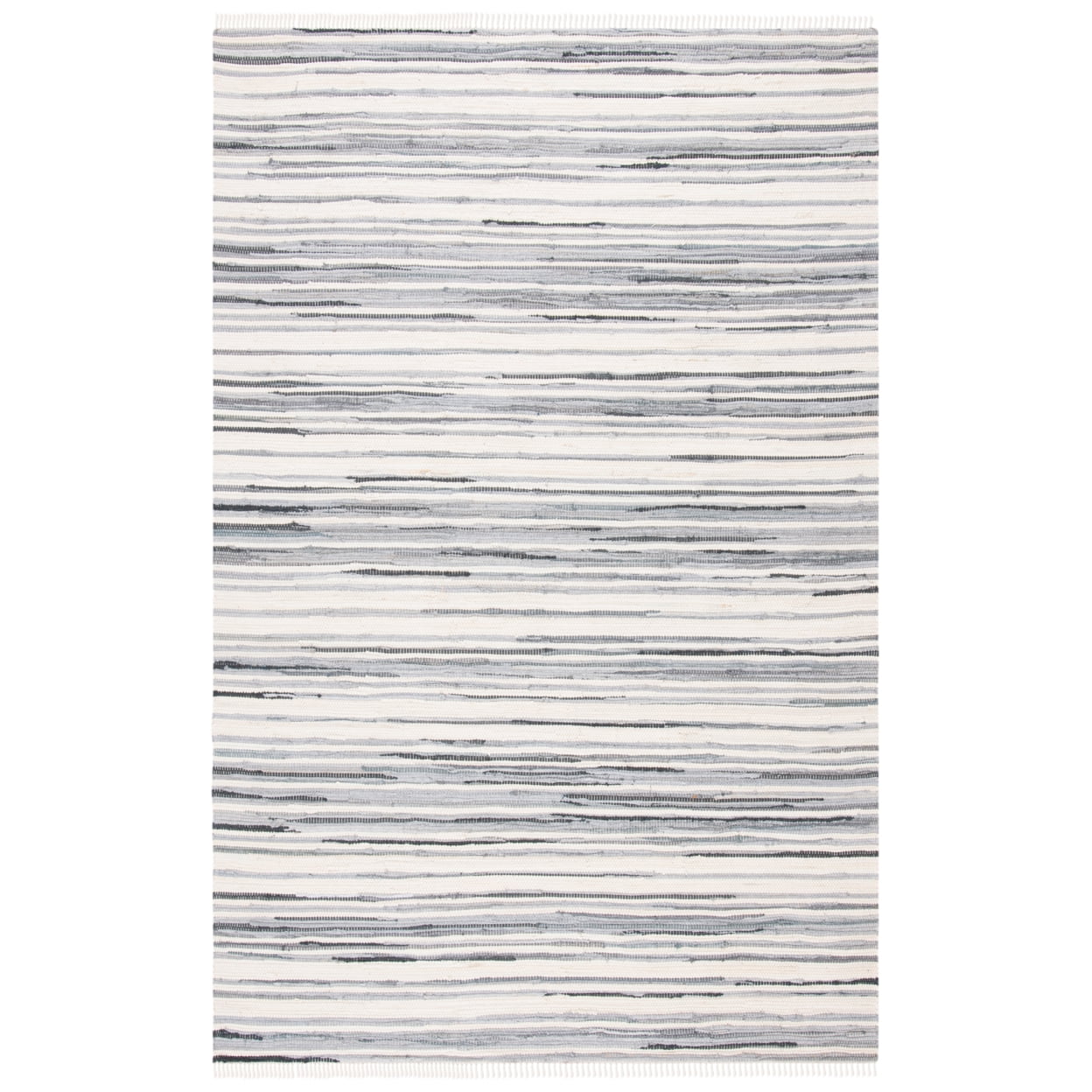 Ivory and Grey Striped Handwoven Wool Cotton Rug, 5' x 8'