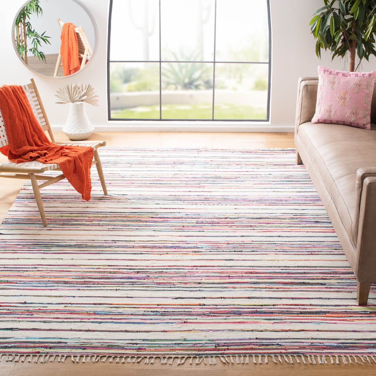 Ivory and Multicolor Striped Wool Cotton Square Rug