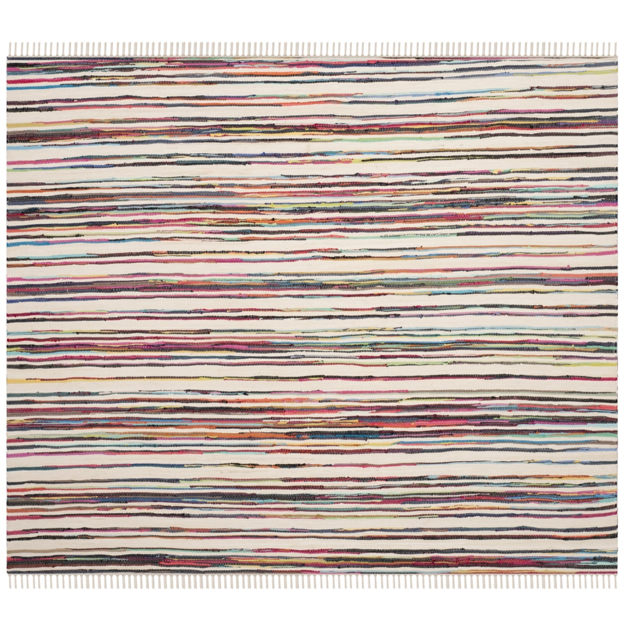 Ivory and Multicolor Striped Wool Cotton Square Rug
