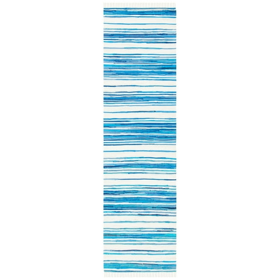 SAFAVIEH Rag Benton Striped Cotton Runner Rug, Ivory/Blue, 2'3" x 11'