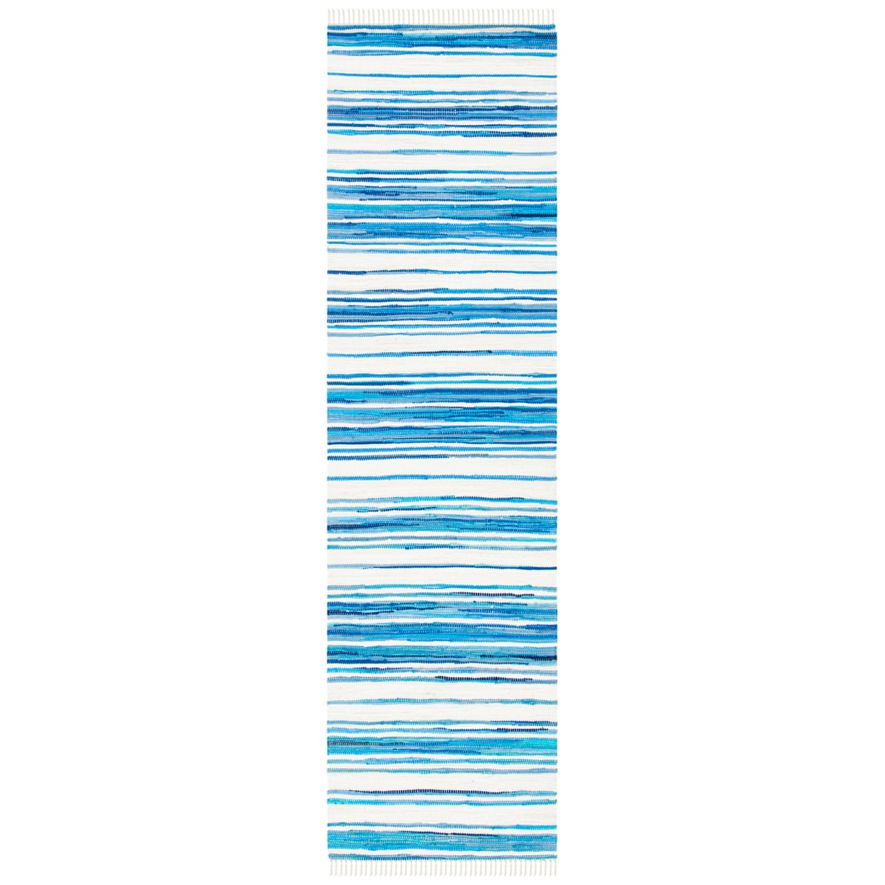 Ivory and Blue Flat Woven Wool Cotton Stripe Runner Rug