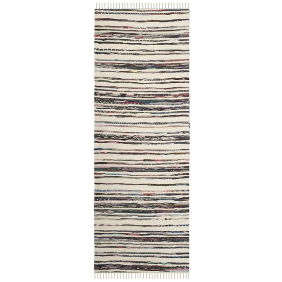 SAFAVIEH Rag Benton Striped Cotton Runner Rug, Ivory/Charcoal, 2'3" x 12'