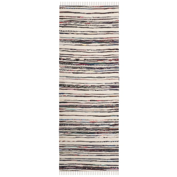SAFAVIEH Rag Benton Striped Cotton Runner Rug, Ivory/Charcoal, 2'3" x 9'