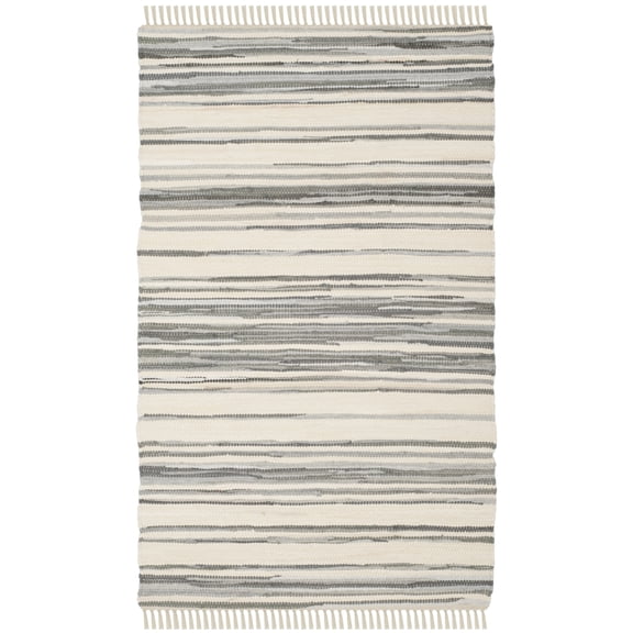 SAFAVIEH Rag Benton Striped Cotton Runner Rug, Ivory/Grey, 2'3" x 5'