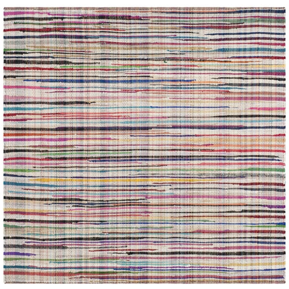 SAFAVIEH Rag Petar Striped Cotton Area Rug, Ivory/Multi, 4' x 4' Square