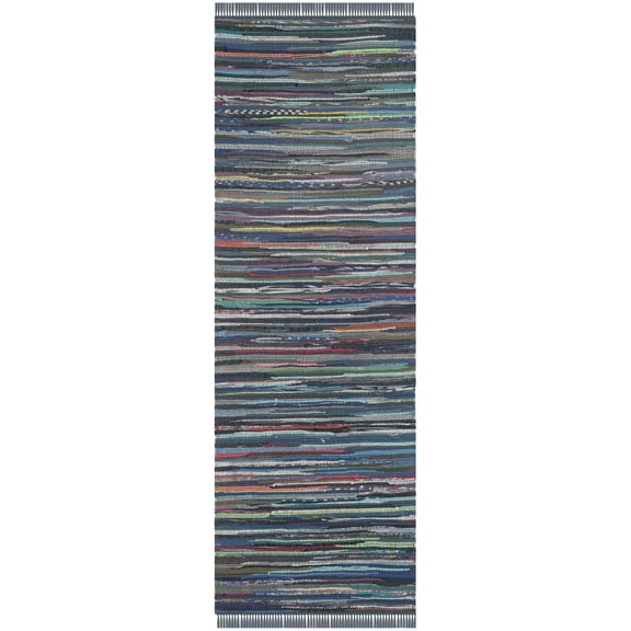 SAFAVIEH Rag Robynne Striped Cotton Runner Rug, Ink/Multi, 2'3" x 5'