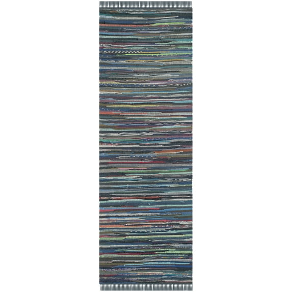 SAFAVIEH Rag Robynne Striped Cotton Runner Rug, Ink/Multi, 2'3" x 7'