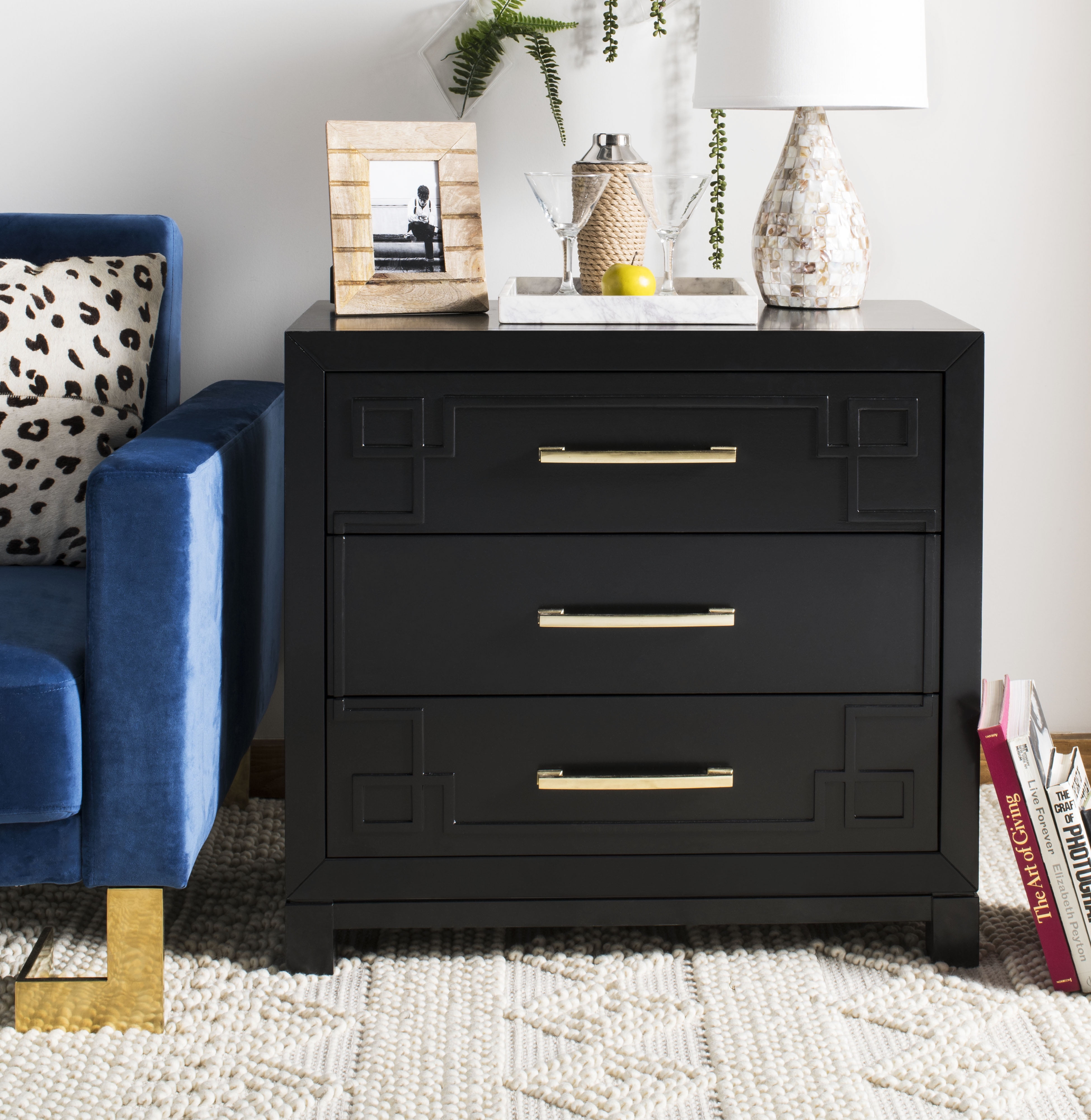 Transitional Black and Gold 3-Drawer Chest with Carved Details
