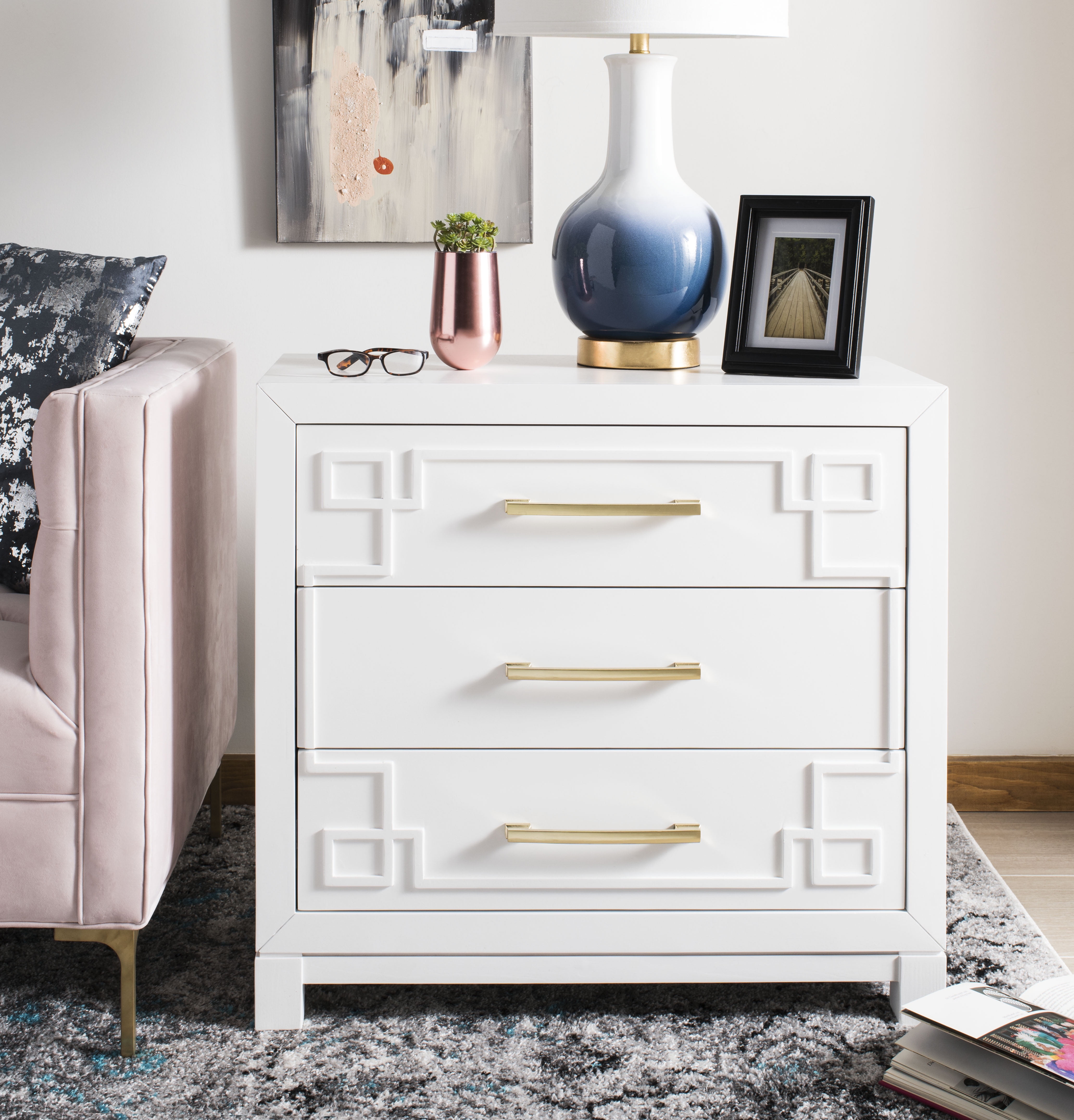 White and Gold Modern 3-Drawer Night Table