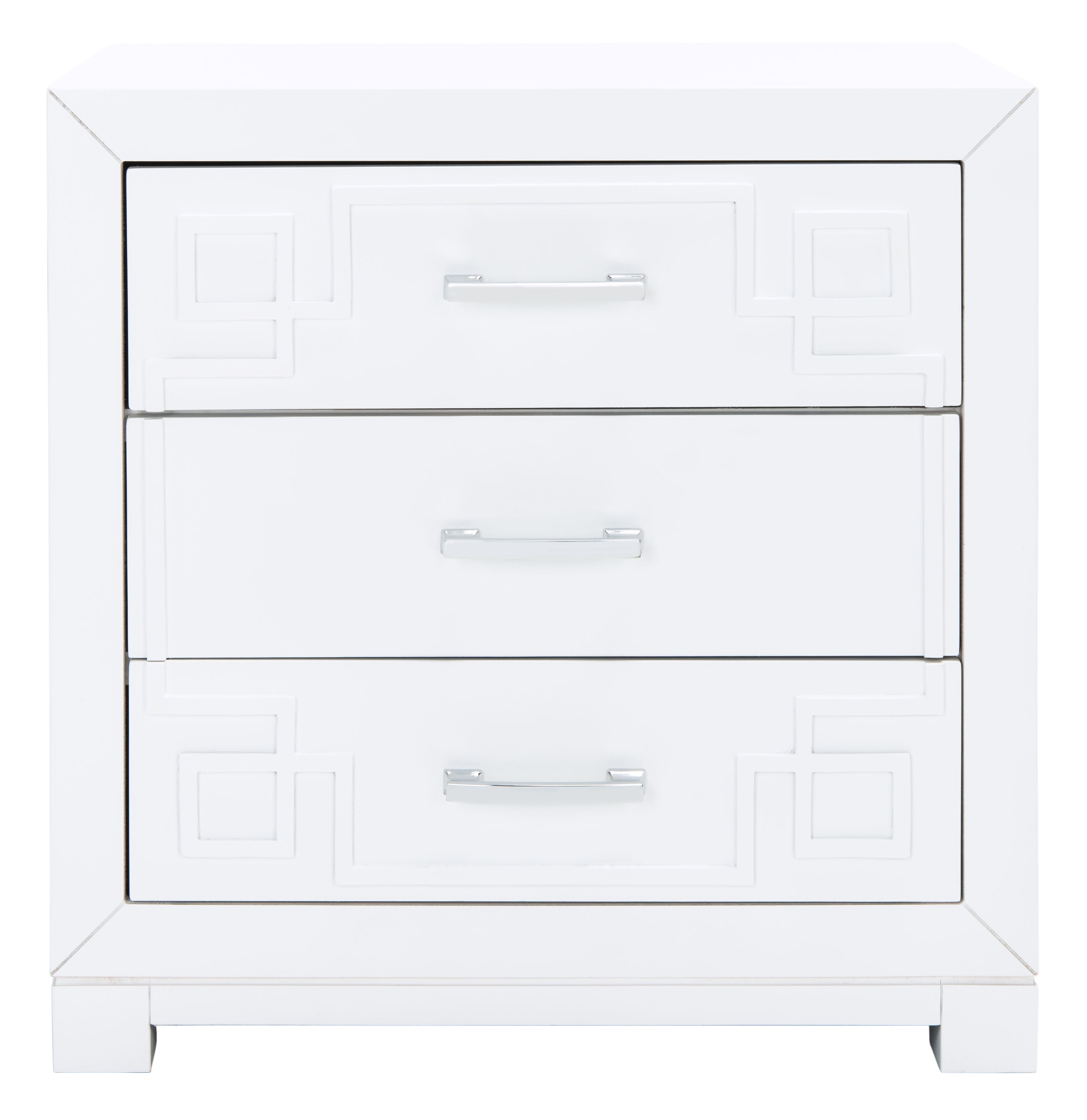 White and Silver Rubberwood 3-Drawer Nightstand with Greek Key Pattern