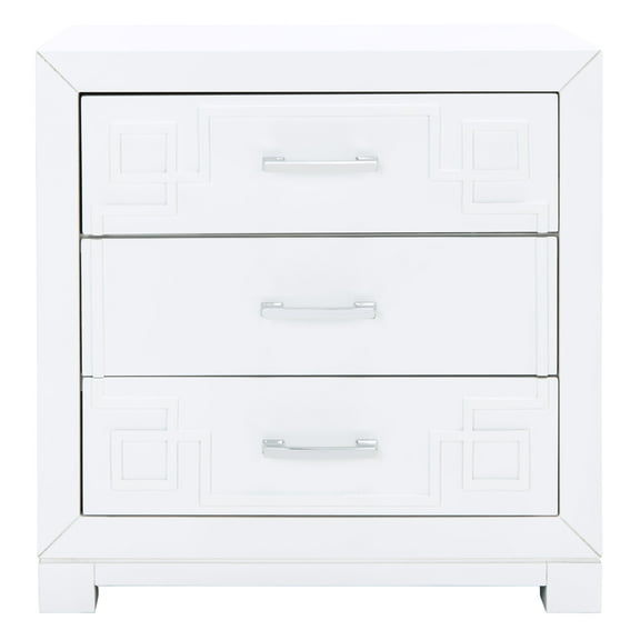 SAFAVIEH Raina Greek Key Solid Night Stand with 3 Drawers, White/Silver (24 in. W x 16 in. D x 25 in. H)