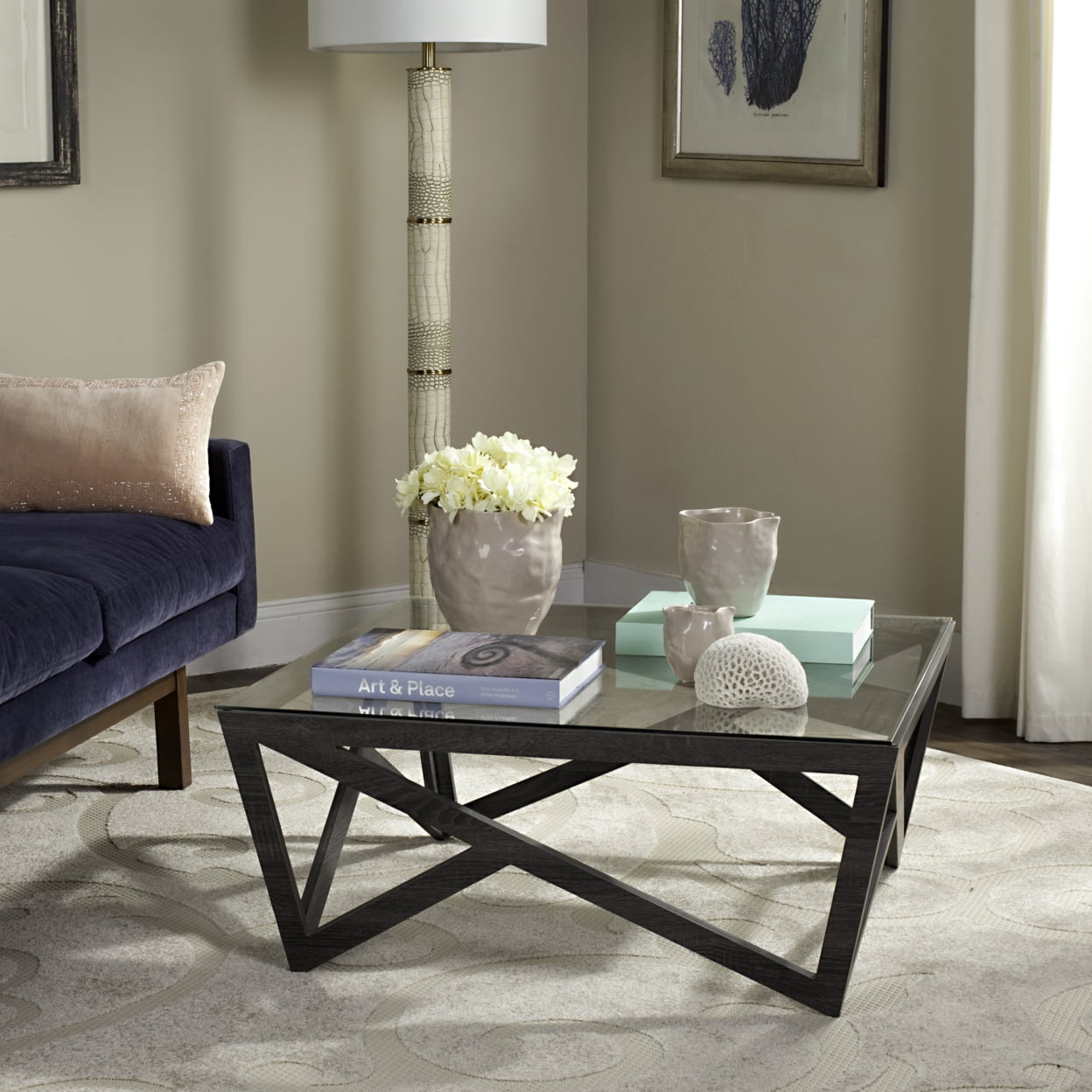 Transitional Gray-Brown Square Wood & Glass Coffee Table