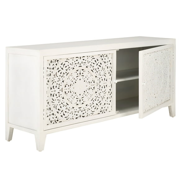 SAFAVIEH Raura Bohemian 55 in. 2 Shelf 2 Door Media Stand, White Wash (55 in. W x 15 in. D x 26 in. H)