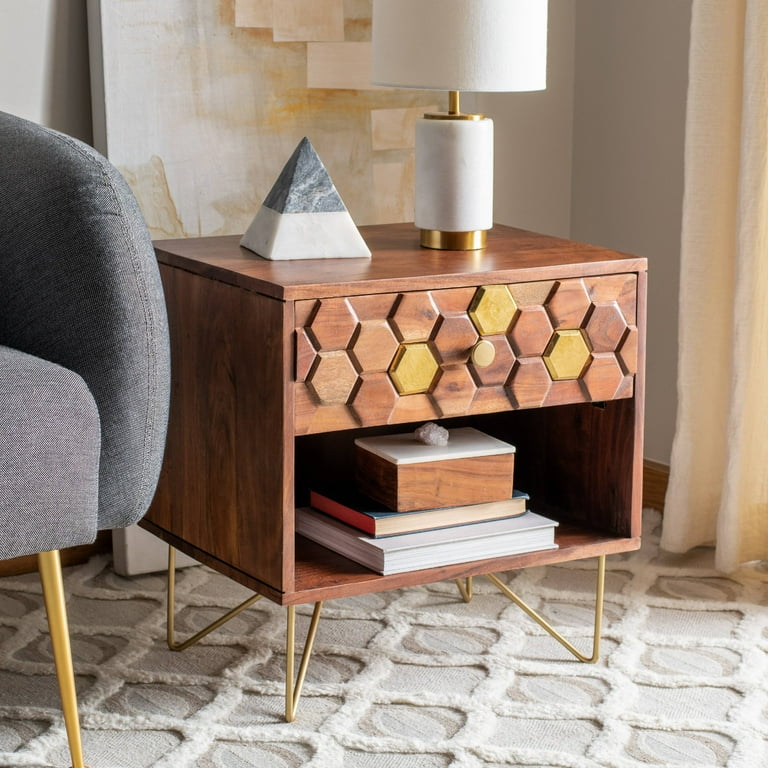 SAFAVIEH Raveena Mid Century Retro Nightstand Mix Walnut Brass